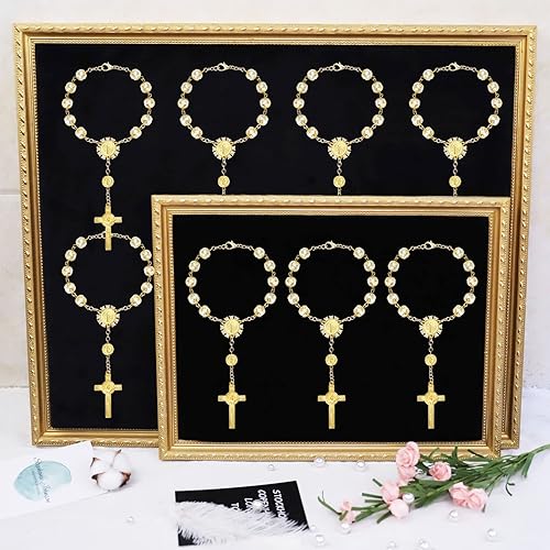 Miniatura 7 de LEMESO 20 piezas de bautismo chapado en oro, mini rosario de perlas de imitación de color marfil y pulsera con patrón de Jesús, ideal para bautizo,