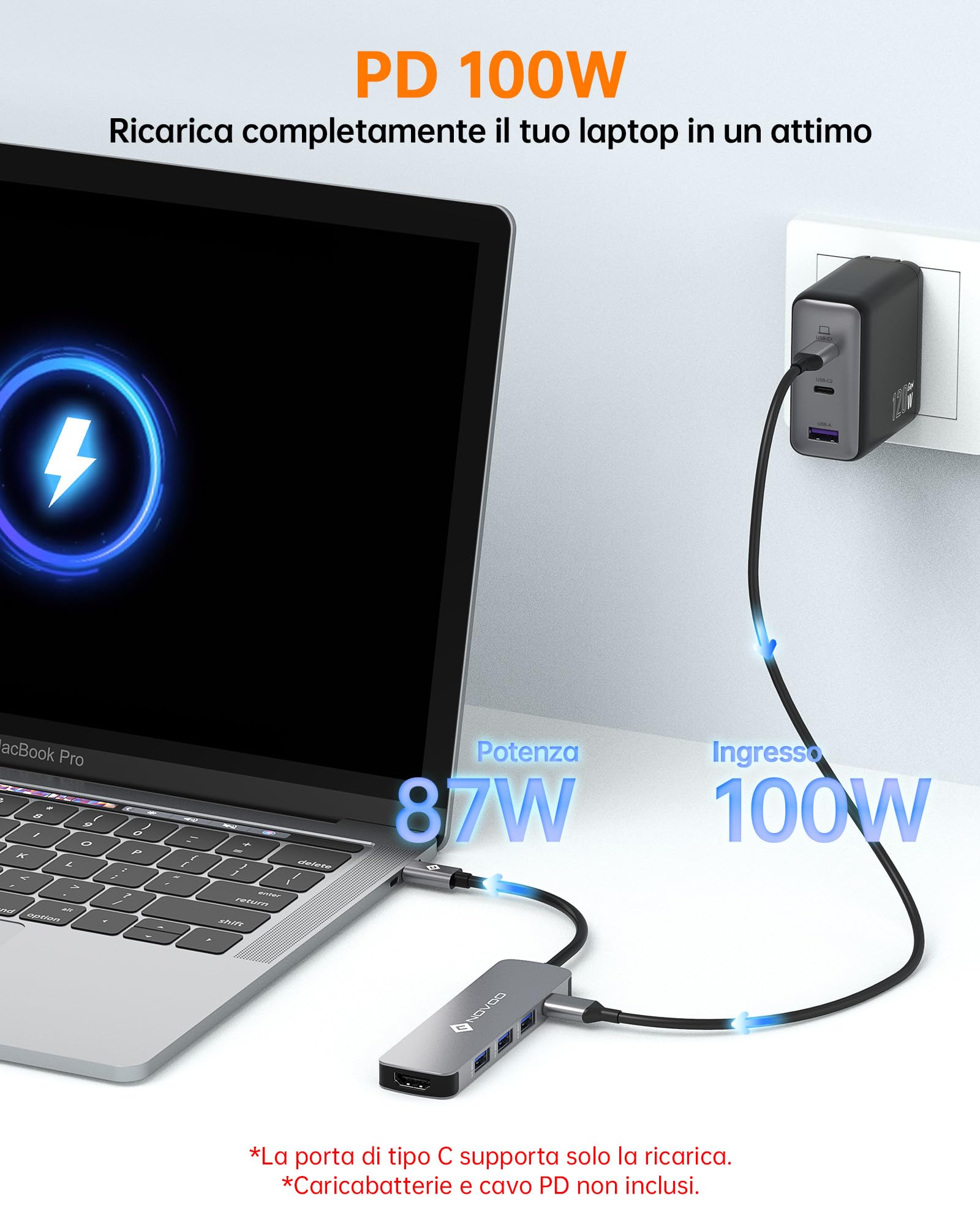NOVOO Hub USB tipo C 5 in 1 Adattatore Multiporta con HDMI 4K, 3 USB-A 3.0 5Gbps, PD 100W, Docking Station Compatible con MacBook Air/Pro, Chromebook, Matebook, Surface, iPad Pro, Steam Deck