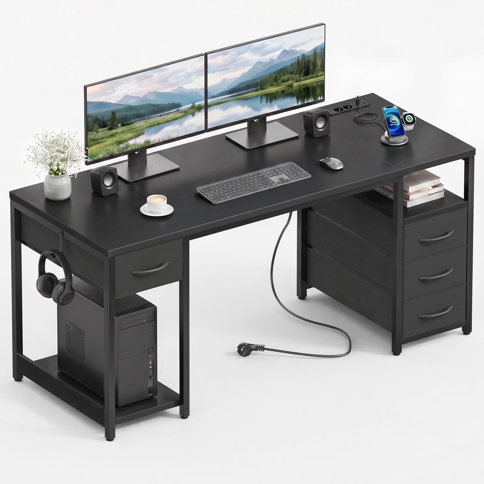 YOUDENOVA Schreibtisch mit 4 Schubladen, Computertisch 140cm mit Steckdosen und USB A/C, CPU-Ständer, Ablagefach, Stabiler Bürotisch PC Tisch Officetisch Für Büro Wohnzimmer Home Gaming Schwarz