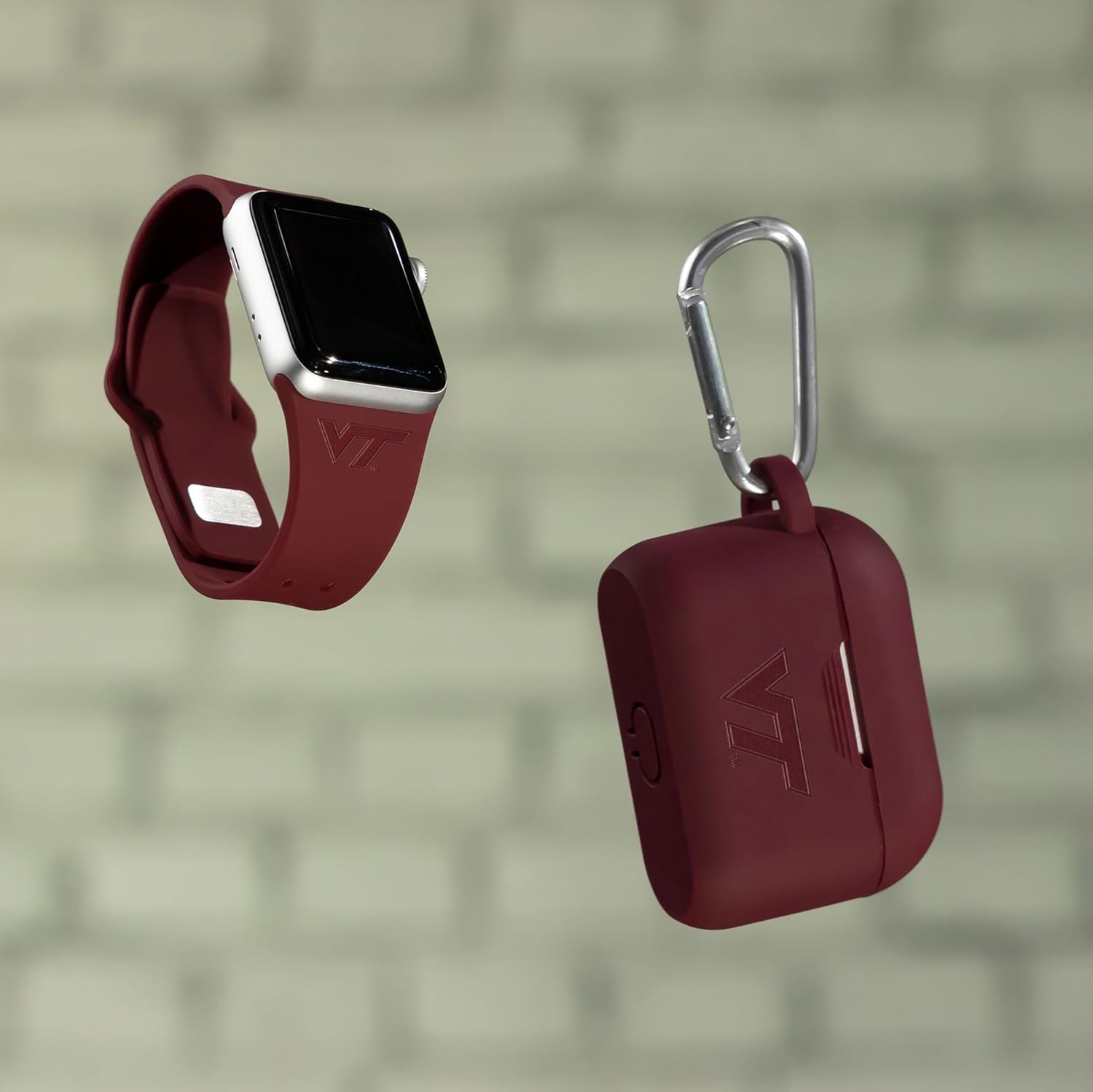 AFFINITY BANDS Virginia Tech Hokies Engraved Silicone Combo Package Compatible with Apple Watch and AirPods Pro (38/40/41mm (42mm Series 11) Maroon)