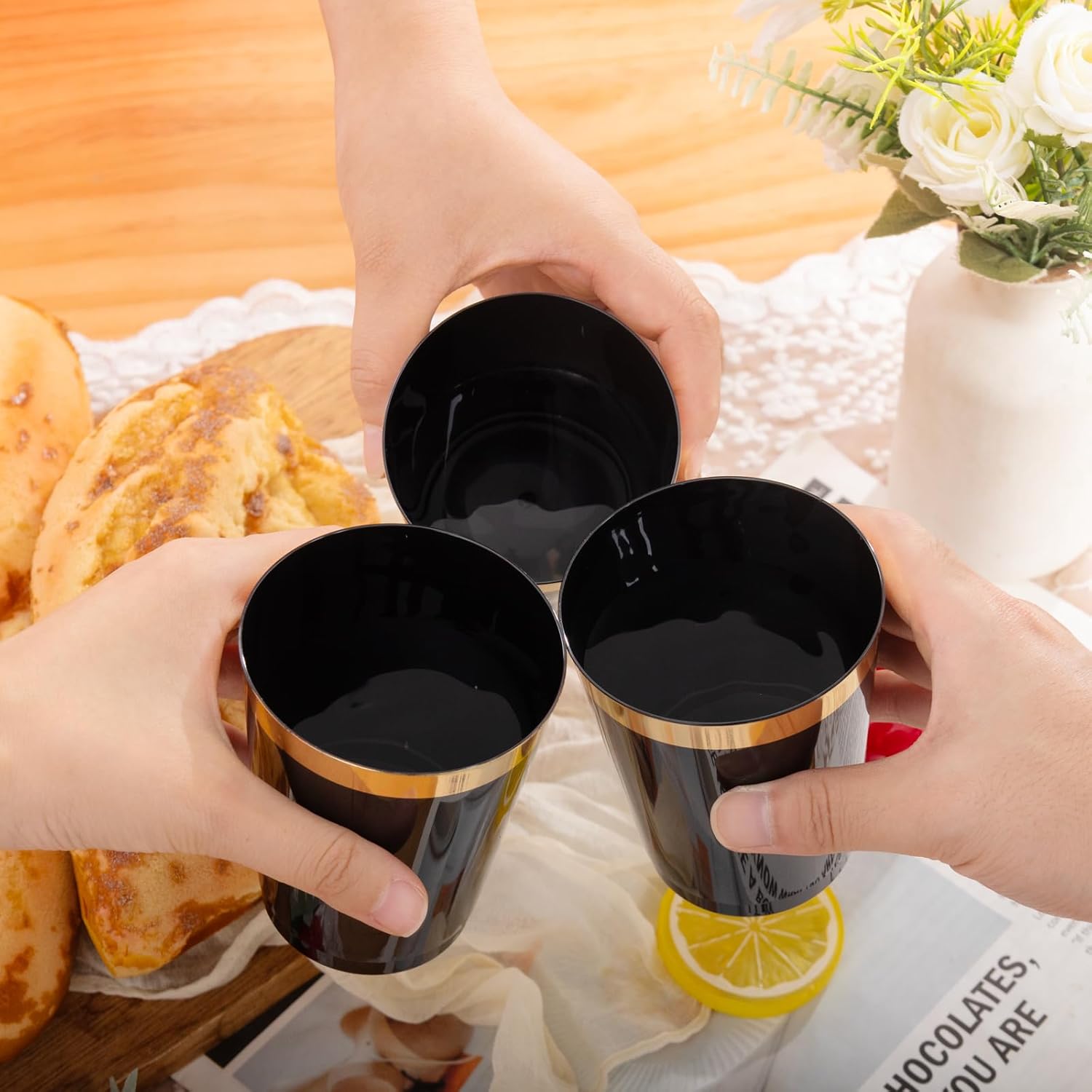 supernal 200pcs Black Plastic Cups 10oz – Disposable Cups with Gold Rim, Premium Black and Gold Plastic Cup, Disposable Cocktail for Wedding, Birthday, Parties