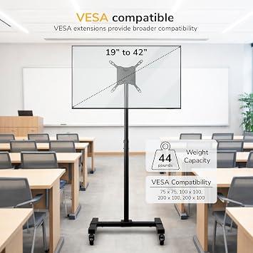 Mount-It! Mobile TV Stand with Locking Wheels | Adjustable Height Rolling Cart for 13 - 42 Flat Panel LCD LED Screens | VESA Compatible up to 200mm | Black