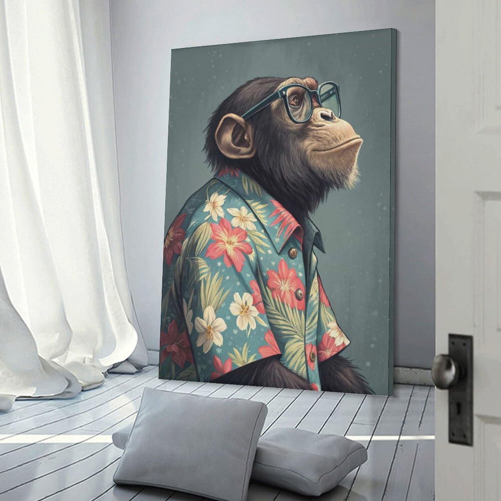 Junmoney Chimpanzee in Hawaiian Shirt And Glasses Home Decor Wall Art, 24x36inch(60x90cm), for Living Room, Bedroom Or Home Office, Home Decor Gift with Stylish Appeal