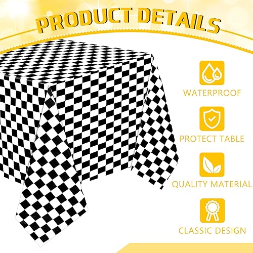 Miniatura 2 de 3 hojas de manteles de plástico con diseño a cuadros en blanco y negro, manteles desechables para fiestas con temática de auto, mantel rectangular
