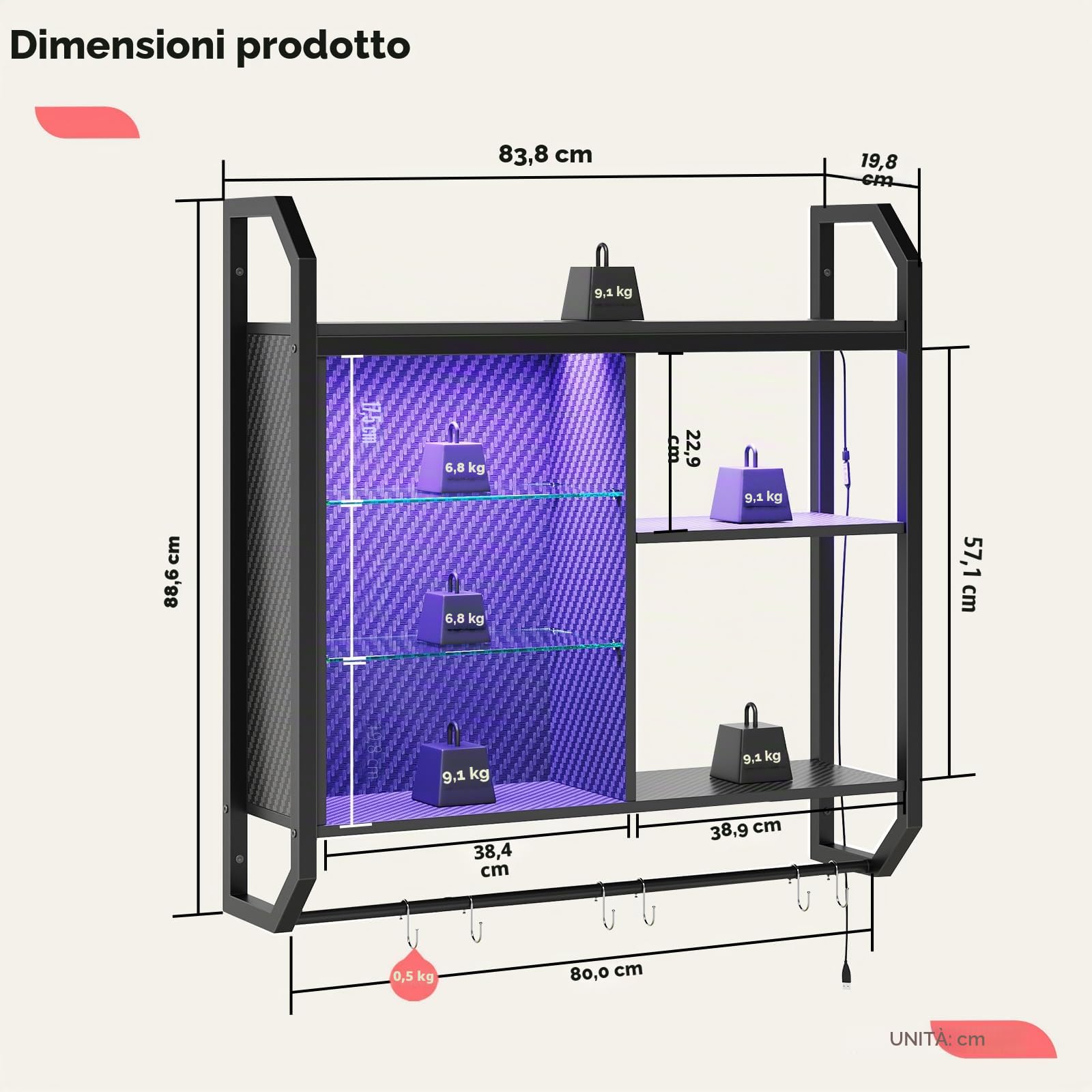 Bestier Mensola da cucina sospesa 84 cm con illuminazione a LED, mensola da parete con 4 ripiani in vetro regolabili per cucina, soggiorno, bar, libreria e sala da gioco, inclusi 6 ganci a S, colore