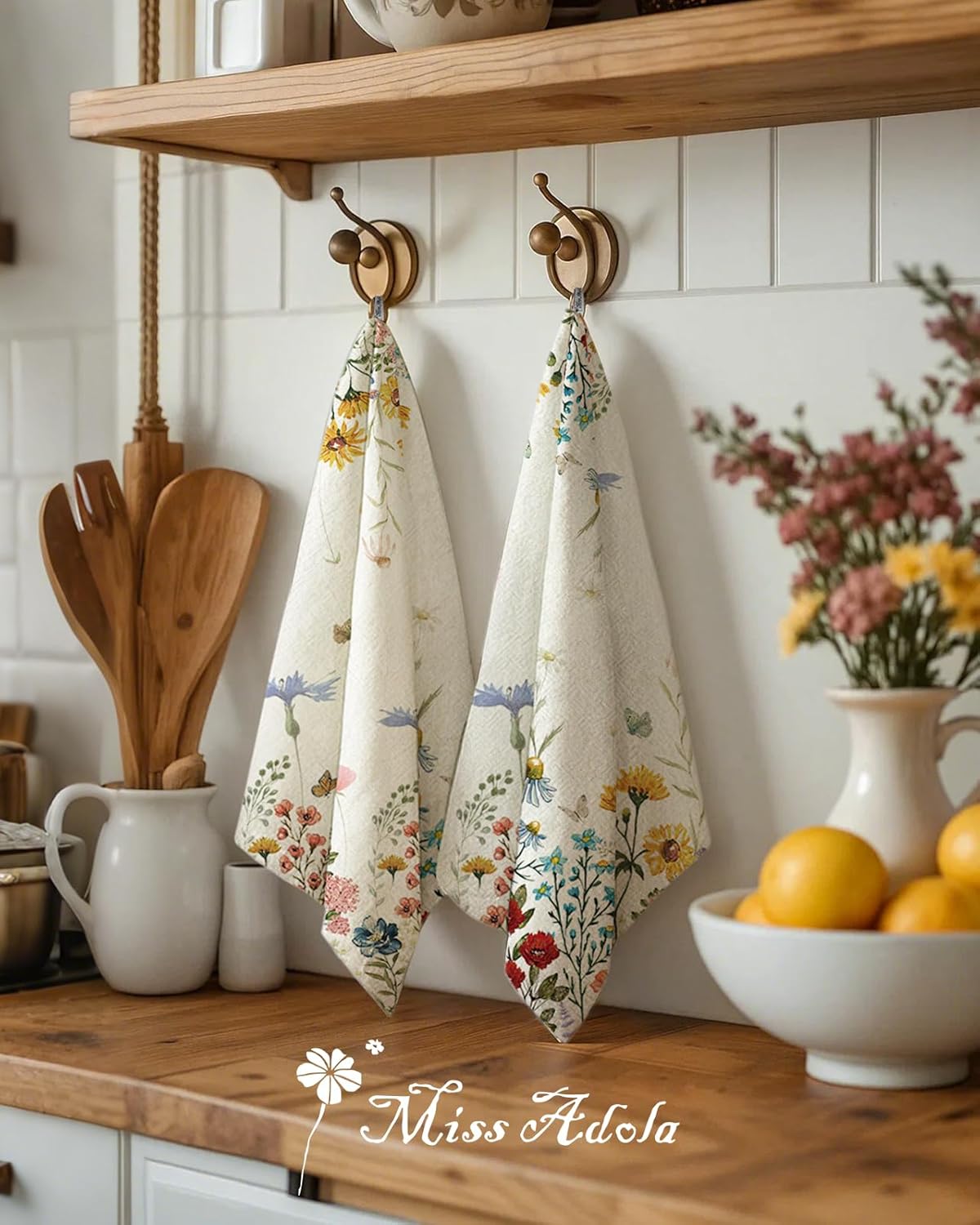 Flour Sack Kitchen Towels - Set of 2 Cotton Dish Towels with Hanging Loop Decorative 16x26 Inch Absorbent Cute Design for Housewarming Gifts, Retro Floral - Image 3