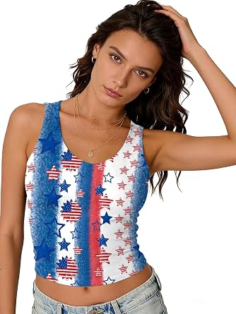 Womens 4th of July Patriotic Crop Top, American Flag Tank Tee, USA Theme Slim Fit Shirt