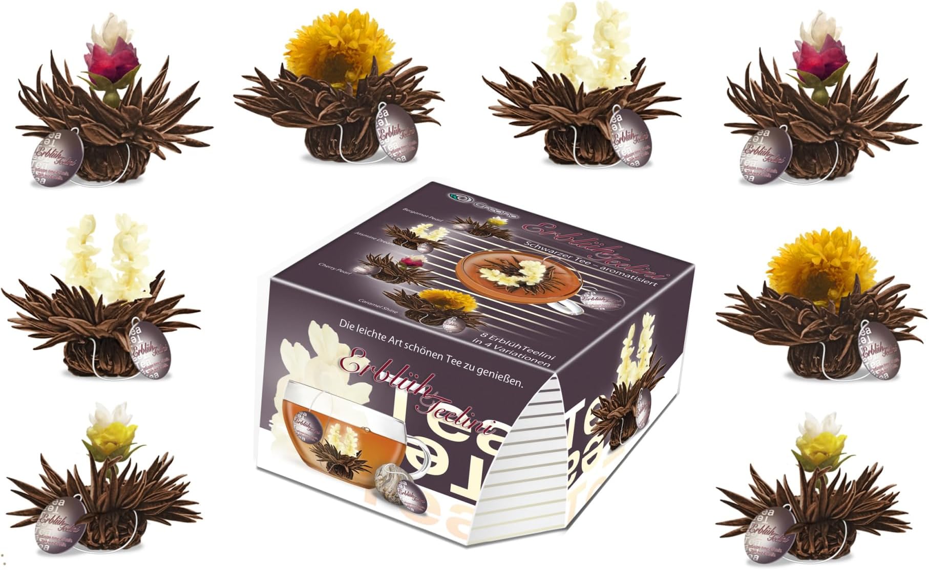 Creano Blooming Tea Sampler - 8 Flowering Tea in Cupsize - Black Tea - Gift for Women, Mom, Tea Lovers - 8 Pieces (Pack of 1)