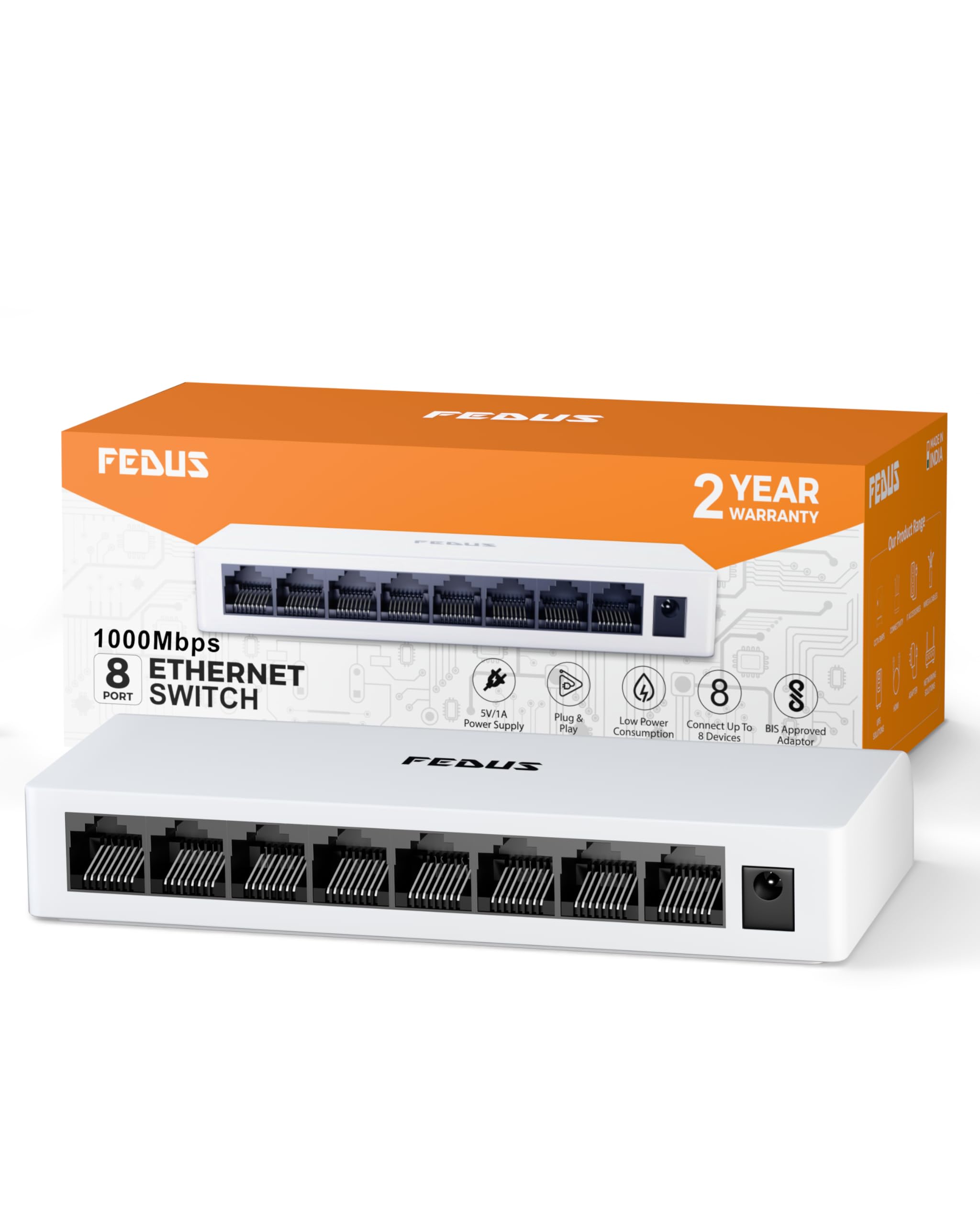 FEDUS Ethernet Switch, Gigabit 1000Mbps 8 Port Gigabit Ethernet Splitter, Plug & Play, Desktop Network Switch Hub, Unmanaged, Compact, with LED, Fanless Quiet, for Internet Cable, Laptop, Router, NAS