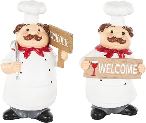Deco 79 Polystone - Escultura decorativa de chef, estatuas decorativas de cocina con letreros de bienvenida, juego de 2 figuras decorativas de 5