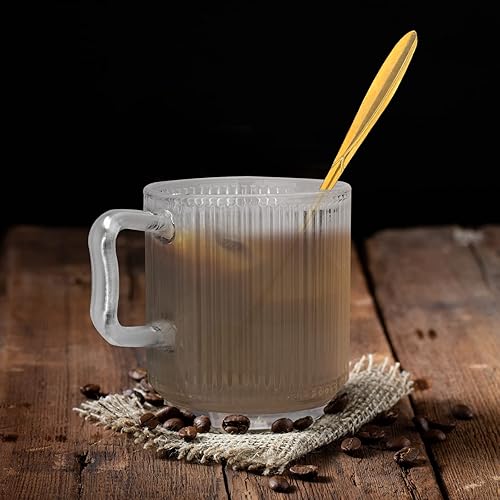 Miniatura 7 de tronco Taza de café de vidrio de 12 onzas con tapa de bambú y cuchara de flores de cerezo, paquete de 2 tazas de té de vidrio clásicas con rayas