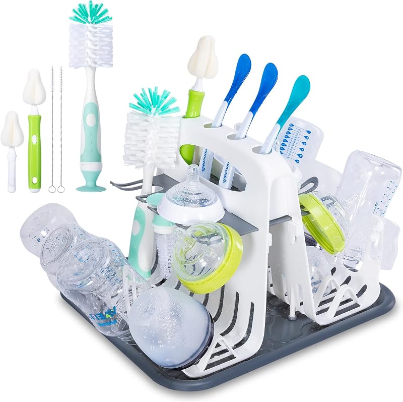 CAREBABYMORE Tendedero de alta capacidad con 5 cepillos, Tendedero de lujo para encimera, Estación de secado universal, Tendedero para biberones con cepillos para biberones, Blanco