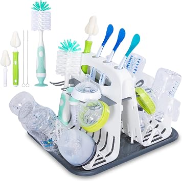 CAREBABYMORE High Capacity Drying Rack with 5pcs Brushes, Deluxe Countertop Drying Rack, Universal Drying Station, Baby Bottle Drying Rack with Bottle Brushes, White
