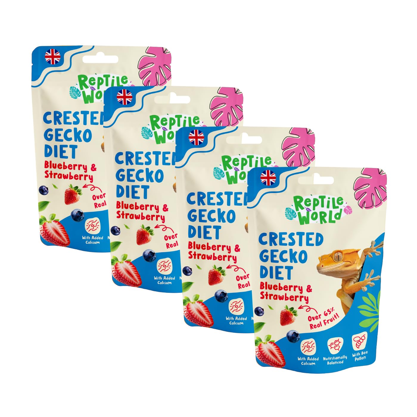 Reptile World Crested Gecko Diet - Blueberry & Strawberry 60g x 4 | Complete Food for Geckos, All Natural, 65% Real Fruit, Made in the UK