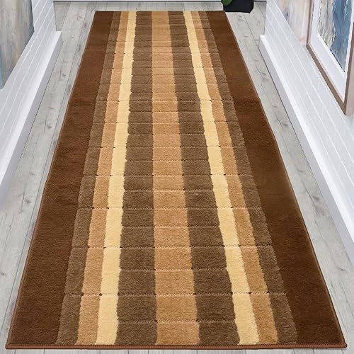 Alfombra lavable de tamaño personalizado, diseño geométrico, cuadrados, color marrón, (5 pies de largo x 26 pulgadas de ancho), corte personalizado,