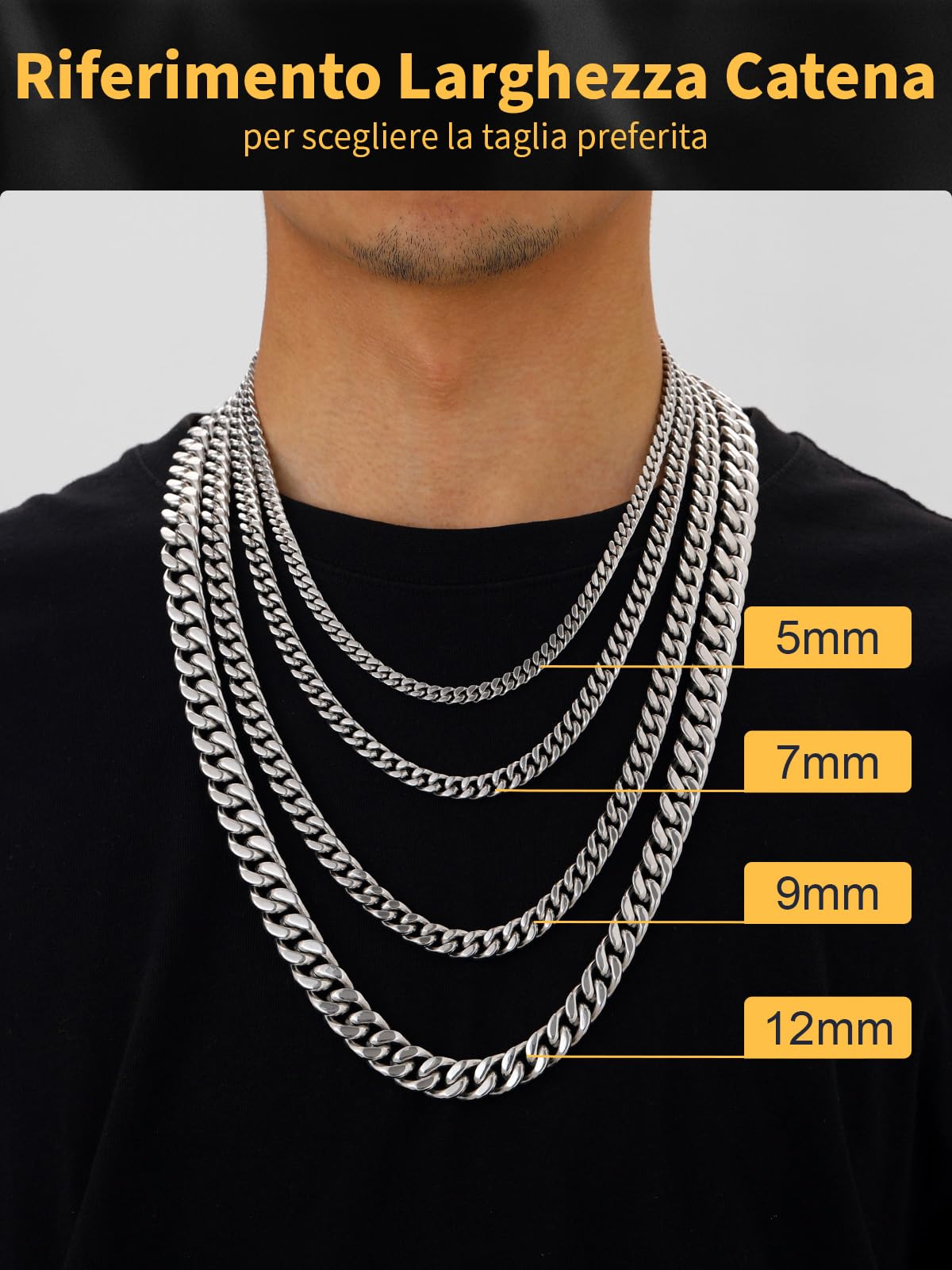 U7 Collana da uomo a catena cubana a maglia cubana in acciaio inossidabile larghezza 5/7/9/12 mm lunghezza 45-76cm colore argento placcato oro nero stile hip hop confezione regalo