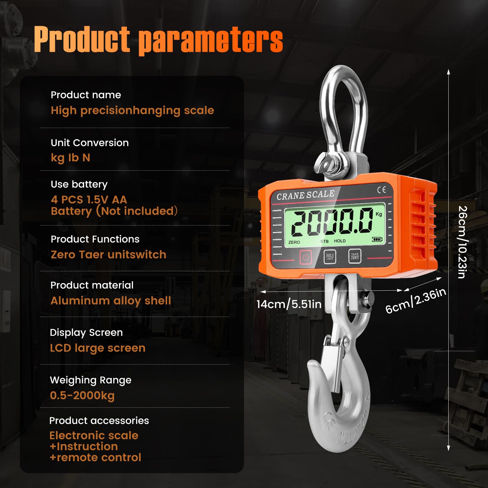 Bilancia Elettronica per Gru 2000 kg/4000 lb, Bilancia da gru digitale, Pesante Bilancia Industriale con sensore di precisione, ampio schermo LCD e telecomando per aziende agricole, edilizia (Orange)