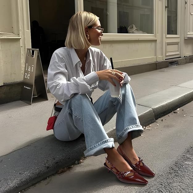 DINTAHA Tacones Negros De Gatito Para Mujer, Tacones Puntiagudos, Zapatos De Vestir De Tacón Bajo Para Mujer, Negro