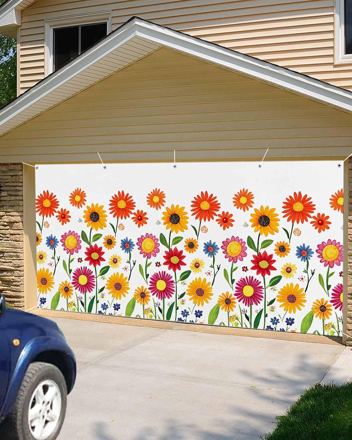 Spring Garage Door Banner Cover 7 x 8 ft, Spring Cartoon Orange Yellow Sunflower Daisy Flower Garage Door Decorations Holiday Seasonal Backdrop Decor for Spring Summer Party