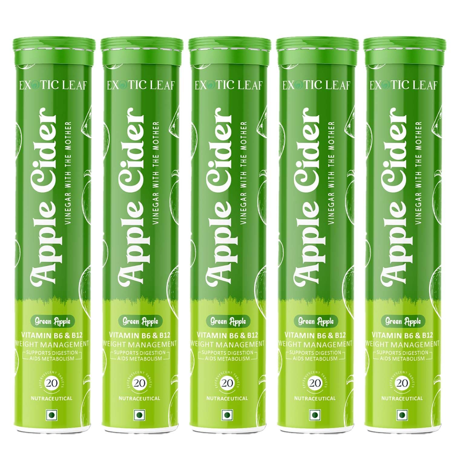 Apple Cider Vinegar Effervescent Tablets with Green Apple Flavour | With the Mother | Supports Weight Management, Digestion & Detox – 20 Tablets Pack of 5-image-42