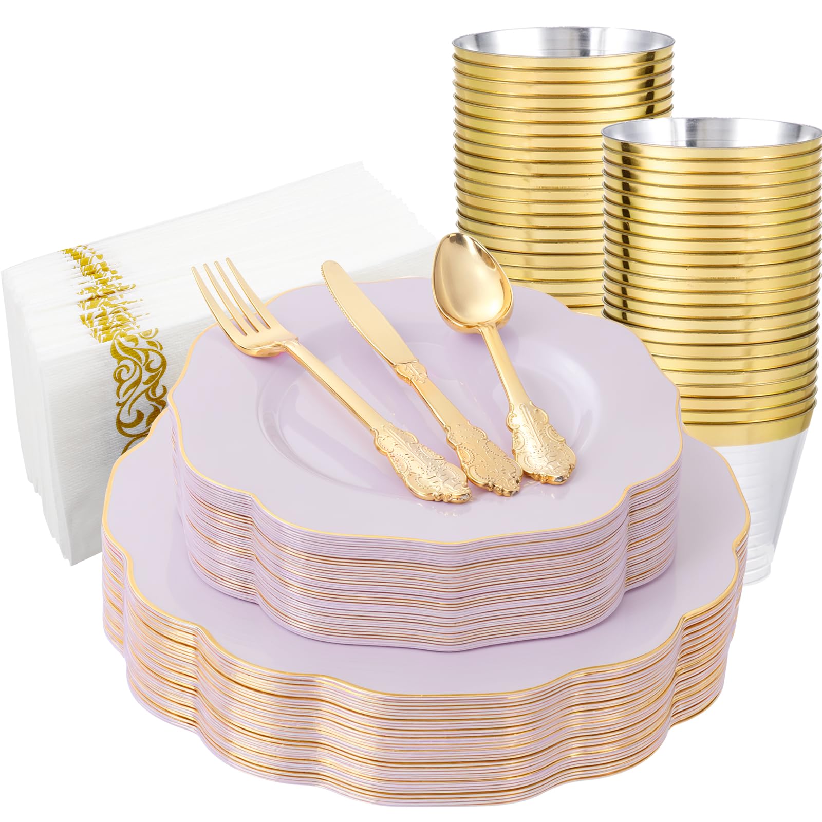 Pink Plates & Gold Cutlery Set - Party Supplies -14 Pink Plates & Gold Cutlery Set - Party Supplies -14