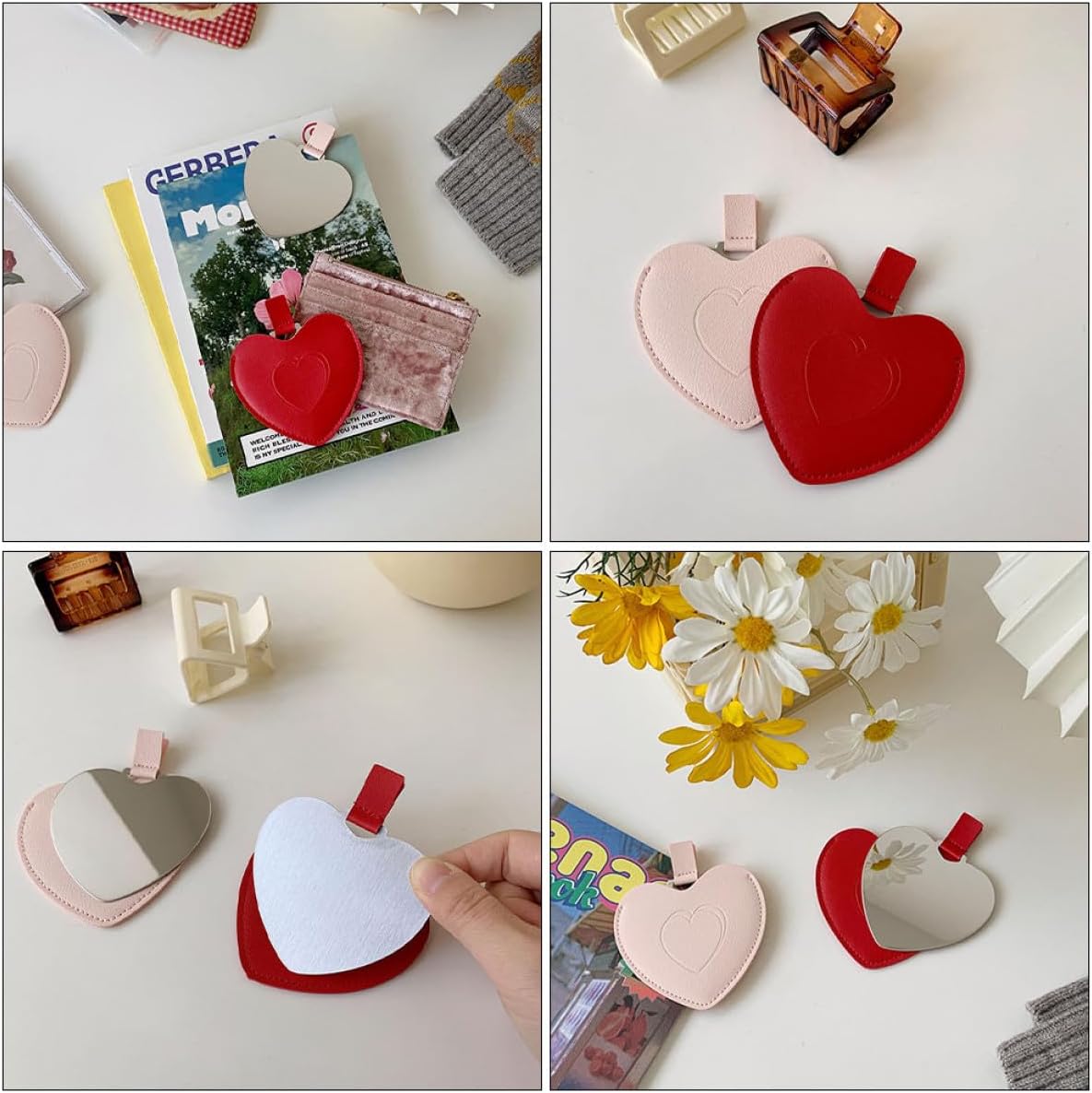 Abaodam Heart Shape Mini Makeup Mirror with Protective Pink Case, Portable Pocket Cosmetics Mirror for Travel and Touch-up, Compact Handheld Creative Vanity Accessory image 3