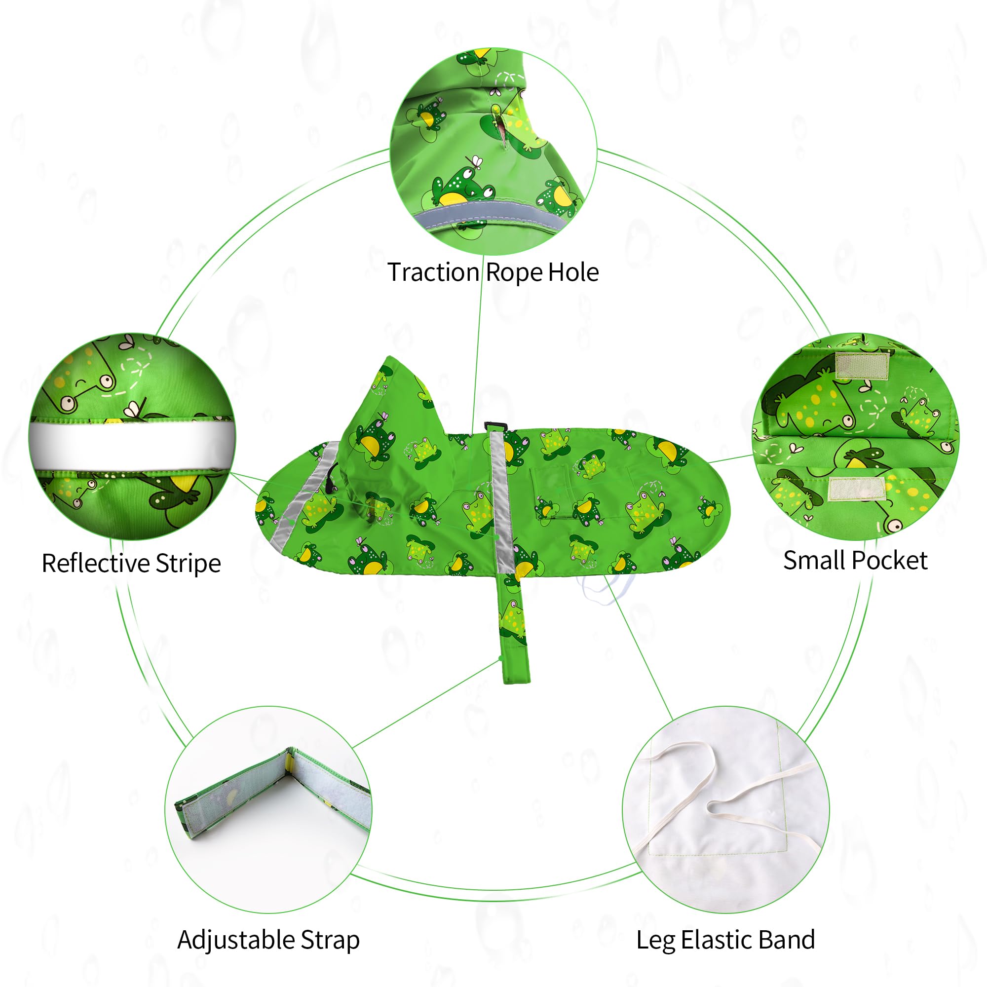 NACOCO Manteau de pluie réglable pour chien de grande taille, imperméable et léger, poncho à capuche avec bande réfléchissante (vert, taille 3XL, grenouille verte)