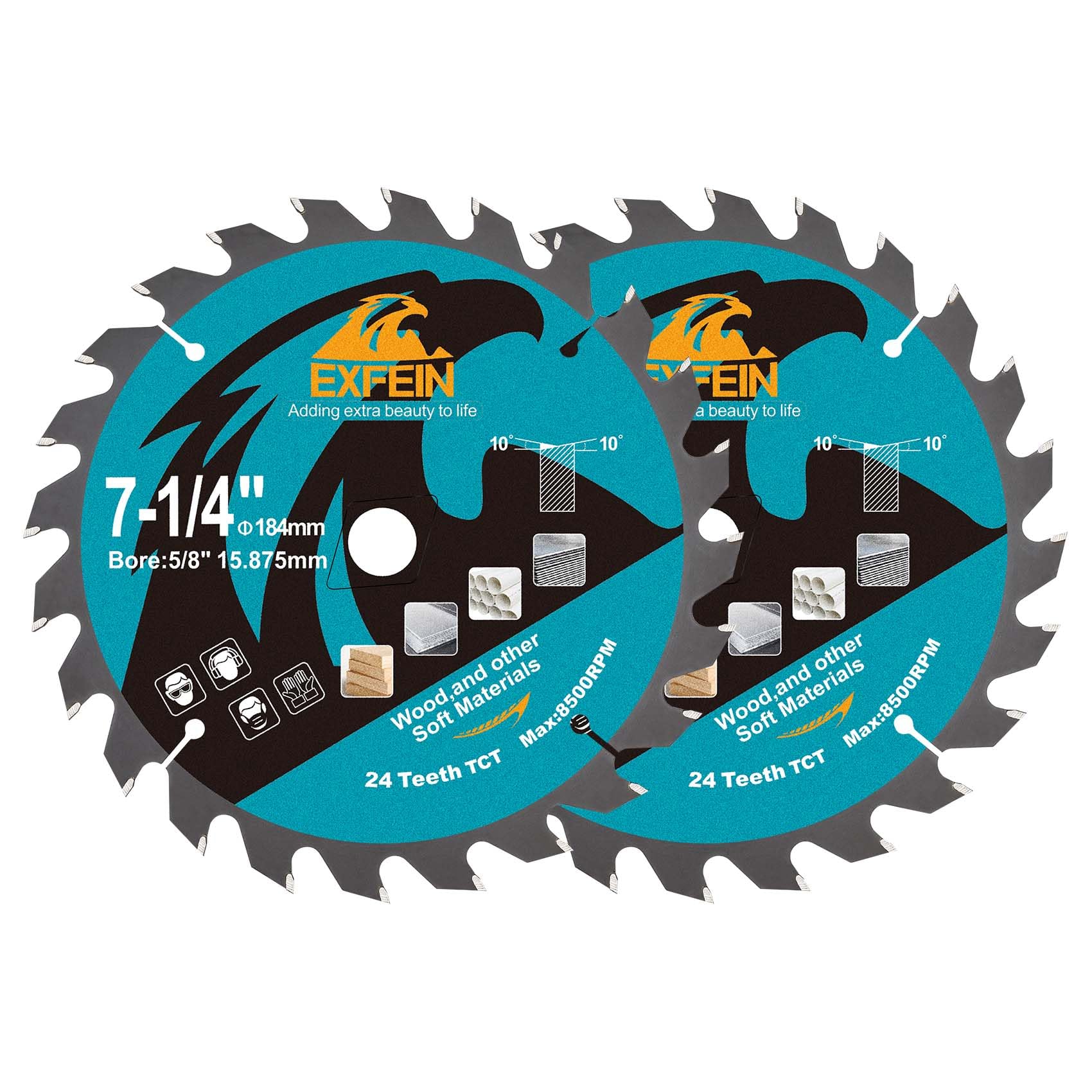 EXFEIN 184mm Wood Cutting Discs 2pcs, 24 Teeth ATB TCT Fine Finish Disc with 15.875mm Bore for Wood Plastic