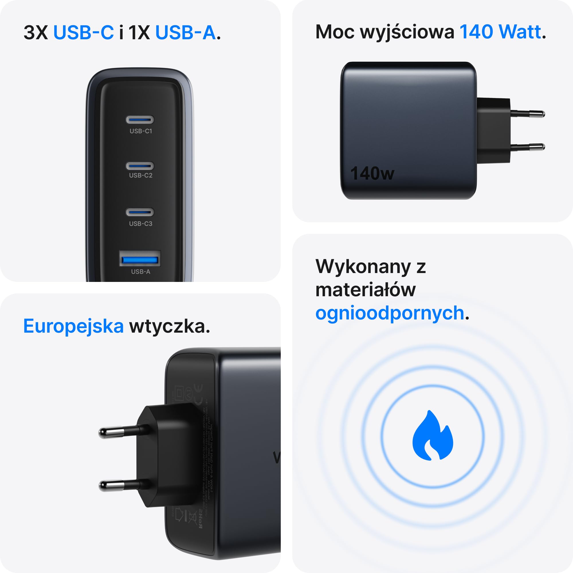 Voomy Ładowarka USB C 140W 4 w 1, Szybka Ładowarka GaN do Laptopa, Tabletu i Smartfona (140W)