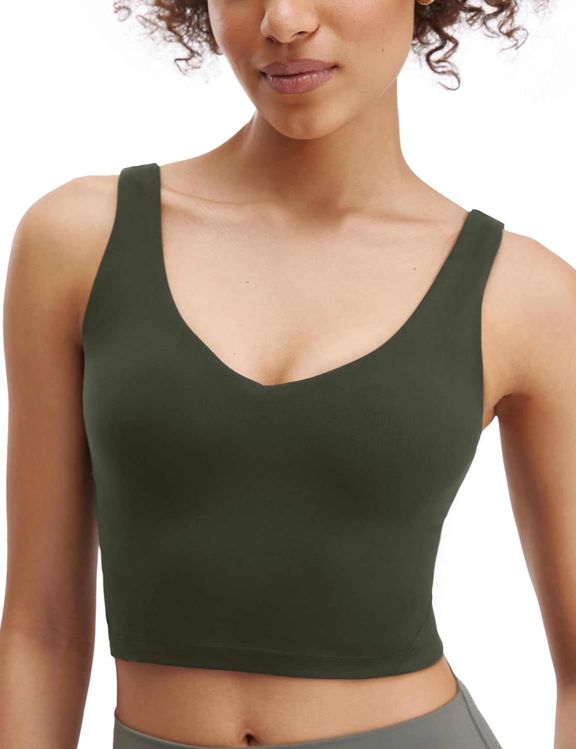 Wenamelt V Neck Longline Buttery Sports Bra for Women U Back Padded Crop Workout Yoga Tank Top with Built in Shelf Bra