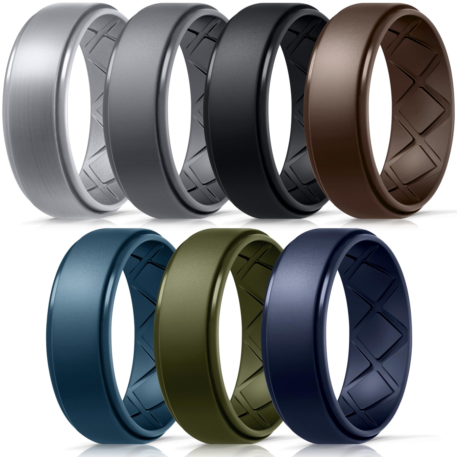 EgnaroSilicone Ring Men, Mens Ring with Half Sizes, Ring for Men Inner Arc Ergonomic Breathable Design with 7 Rings, Ring Rubber Wedding Bands, 8.5mm Wide-2mm Thick