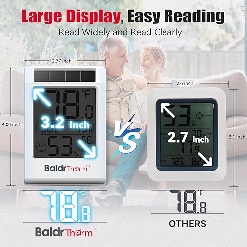 Miniatura 7 de BaldrTherm Room Thermometer Indoor Humidity Meter, Solar-Powered 3.2'' Digital Temperature Sensor Monitor with Max/Min Reading, Comfort Indicator
