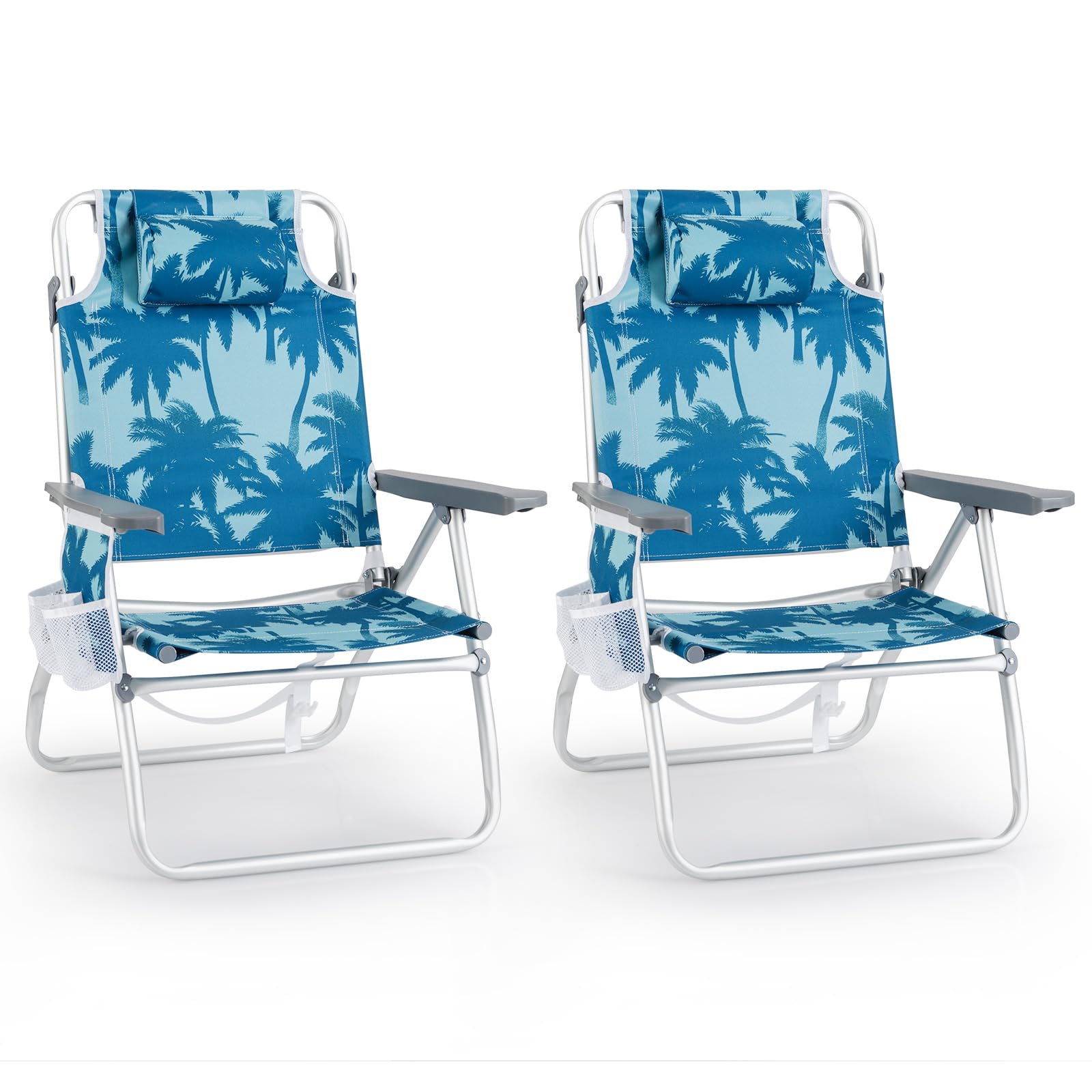 COSTWAY Folding Backpack Beach Chair, 5 Adjustable Position Camping Chair with Headrest, Towel Rack and Storage Pockets, Outdoor Sun Lounger for Picnics, BBQ & Fishing (2, Coconut Tree)