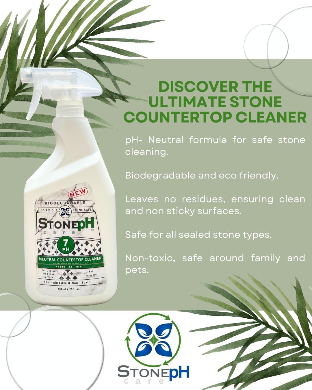 Limpiador de encimeras neutro para superficies de limpieza de cocina y hogar: seguro, verde, aerosol, mármol, granito, cuarzo, travertino, no abrasivo y no tóxico, biodegradable, limón (25