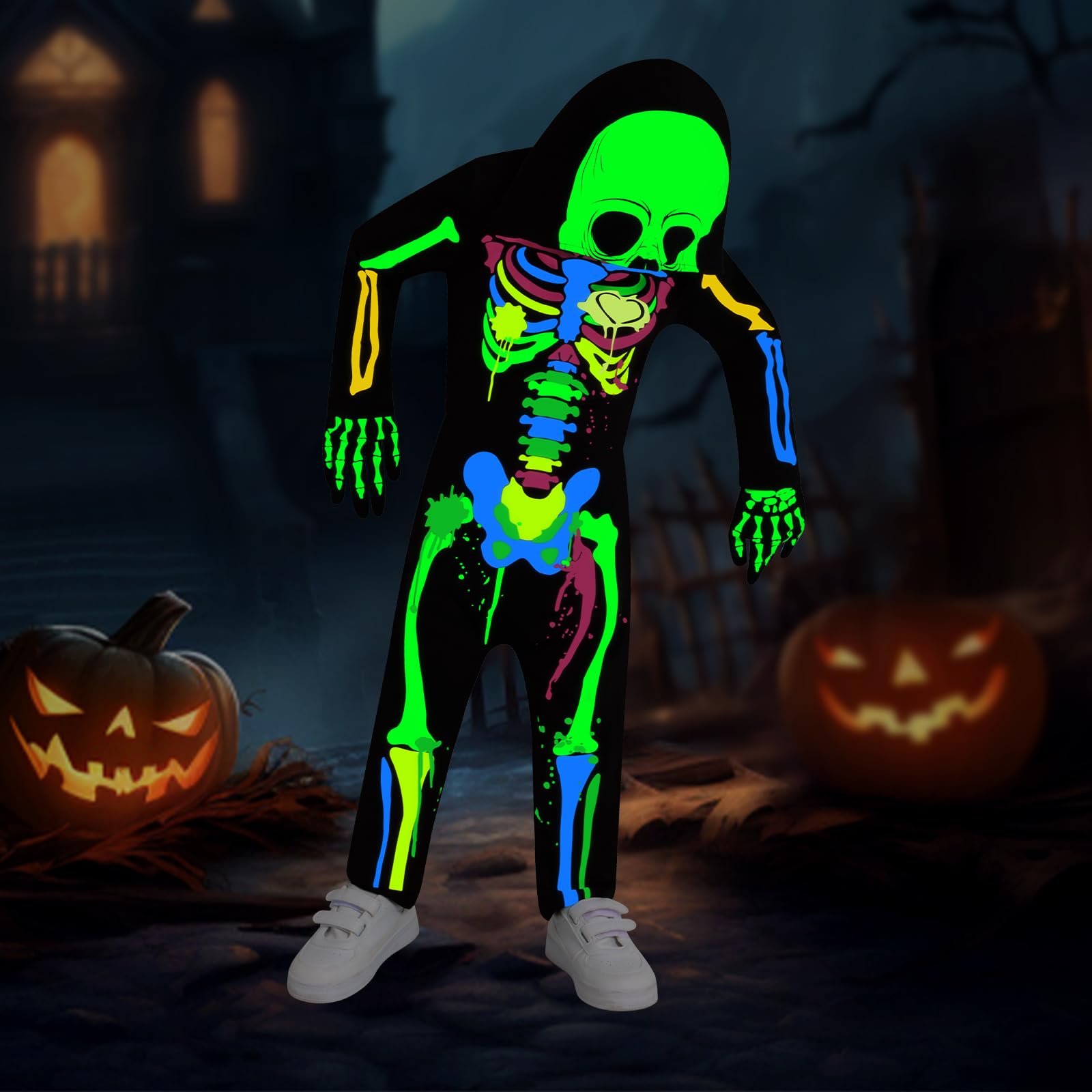 Miyanuby Kids Halloween Skeleton Costumes Toddler Boys Girls Glow in The Dark Skull Bones Luminous Hooded Jumpsuit with Gloves Baby Children Chucky Costume Blue-Green - Image 2