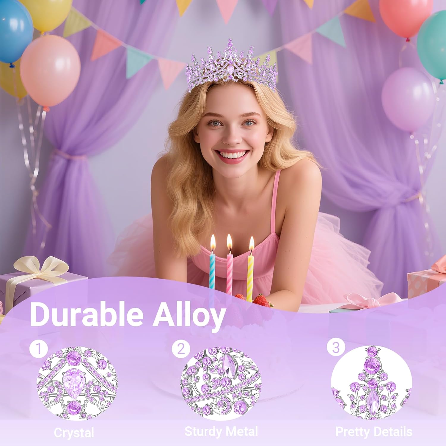 Tiara Crown for Women, Queen Tiara for Birthday Prom Bridal Party Custome Purple - Image 3