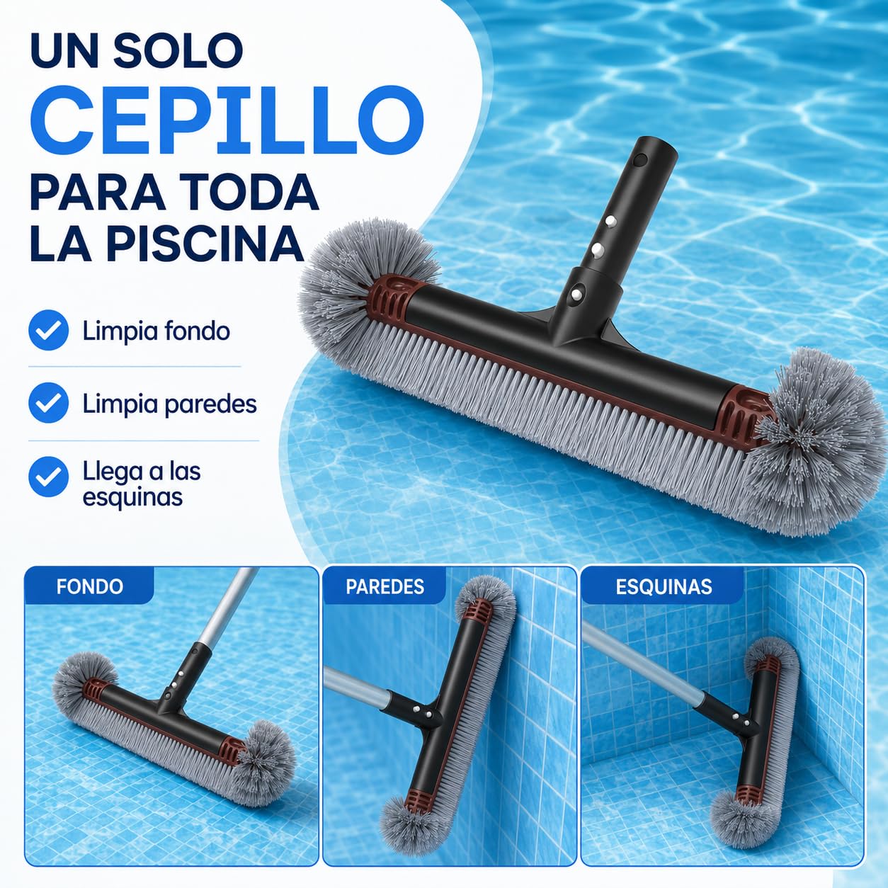 Cepillo para Piscina AQUAPOOL Pro Multiusos, Cerdas de Nylon, Limpieza de Fondo, Paredes y Esquinas