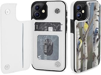 Wallet Case for iPhone 12 Mini, Birds in Birch Tree Print PU Leather Flip Shockproof Wallet Phone Cases Cover with Card Slots, Kickstand, Magnetic Clasp Closed