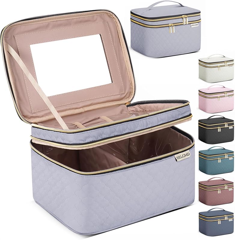 Necessaire de maquiagem HXLGMD grande com espelho LED, dois compartimentos e divisor para pincéis, cinza