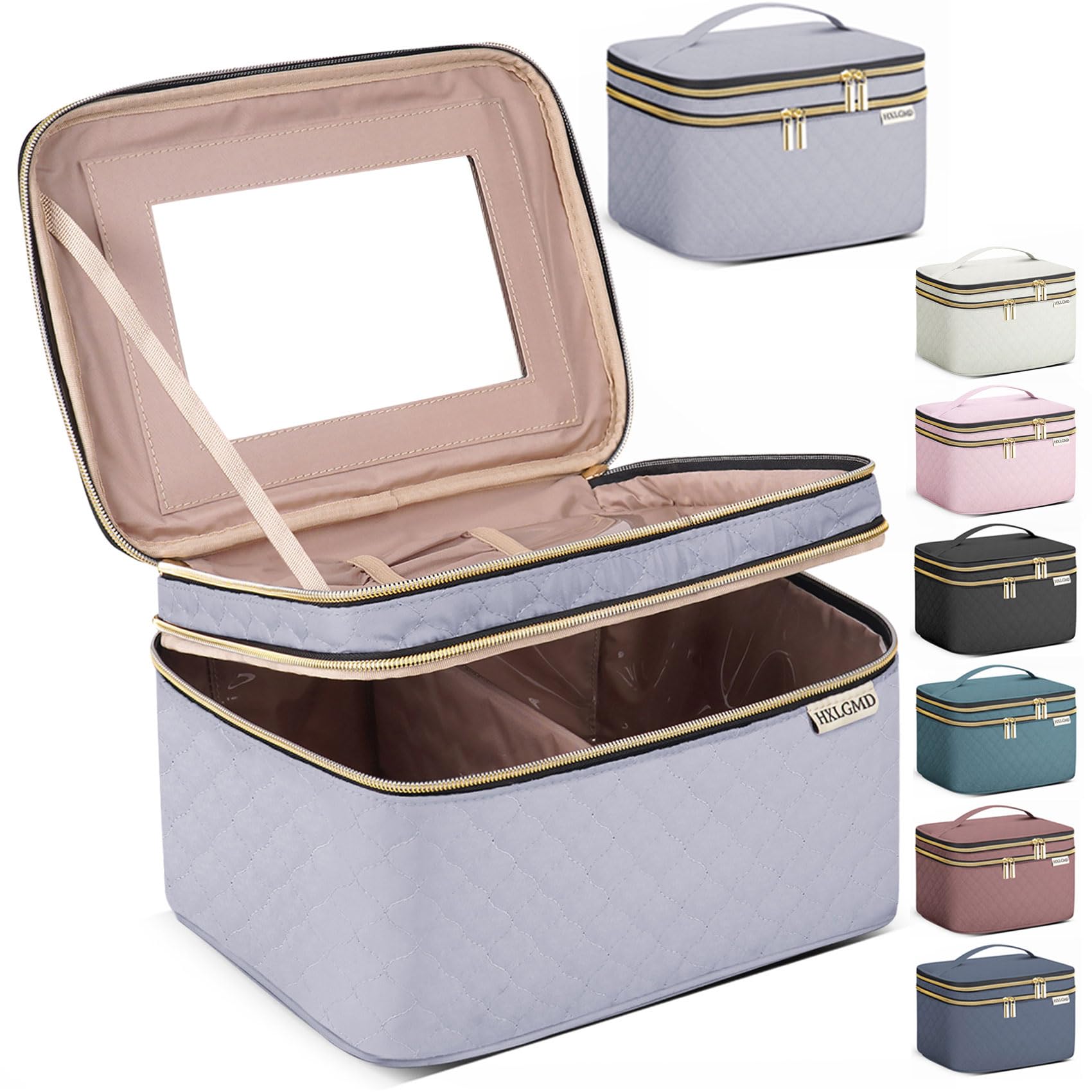 HXLGMD Large Makeup Bag with Mirror Double Layer Travel Make Up Organizer Case, Large Capacity Coemetic with Brush Slot Divider, Travel Toiletry Bag for Women (Grey)