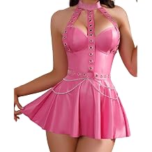 SEAUR Women's Sexy Lingerie Set Halter Bodycon Party Dress PU Leather Pleated Mini Skirt Outfit with Thongs