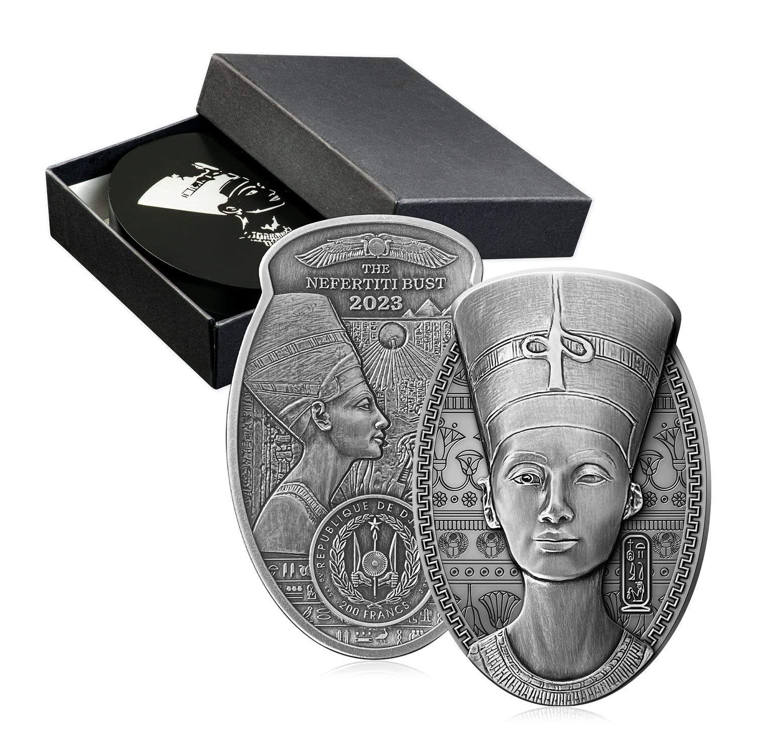 The Koin Club Nefertiti Coin 3oz Solid Silver 3D Shaped 200 Fr Djibouti 2023 Limited Edition