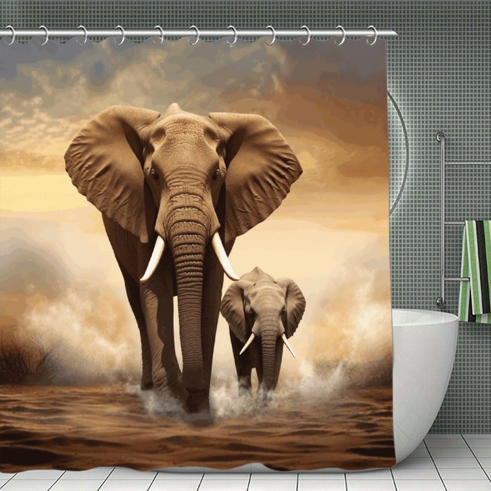 VstaDank Elephant and Baby Elephant Shower Curtain Waterproof Bathroom Curtain with Hooks Luxury Weighted Bath Curtains for Bathtubs Showers Room Dividers Decorative Shower Curtains 71x71 in