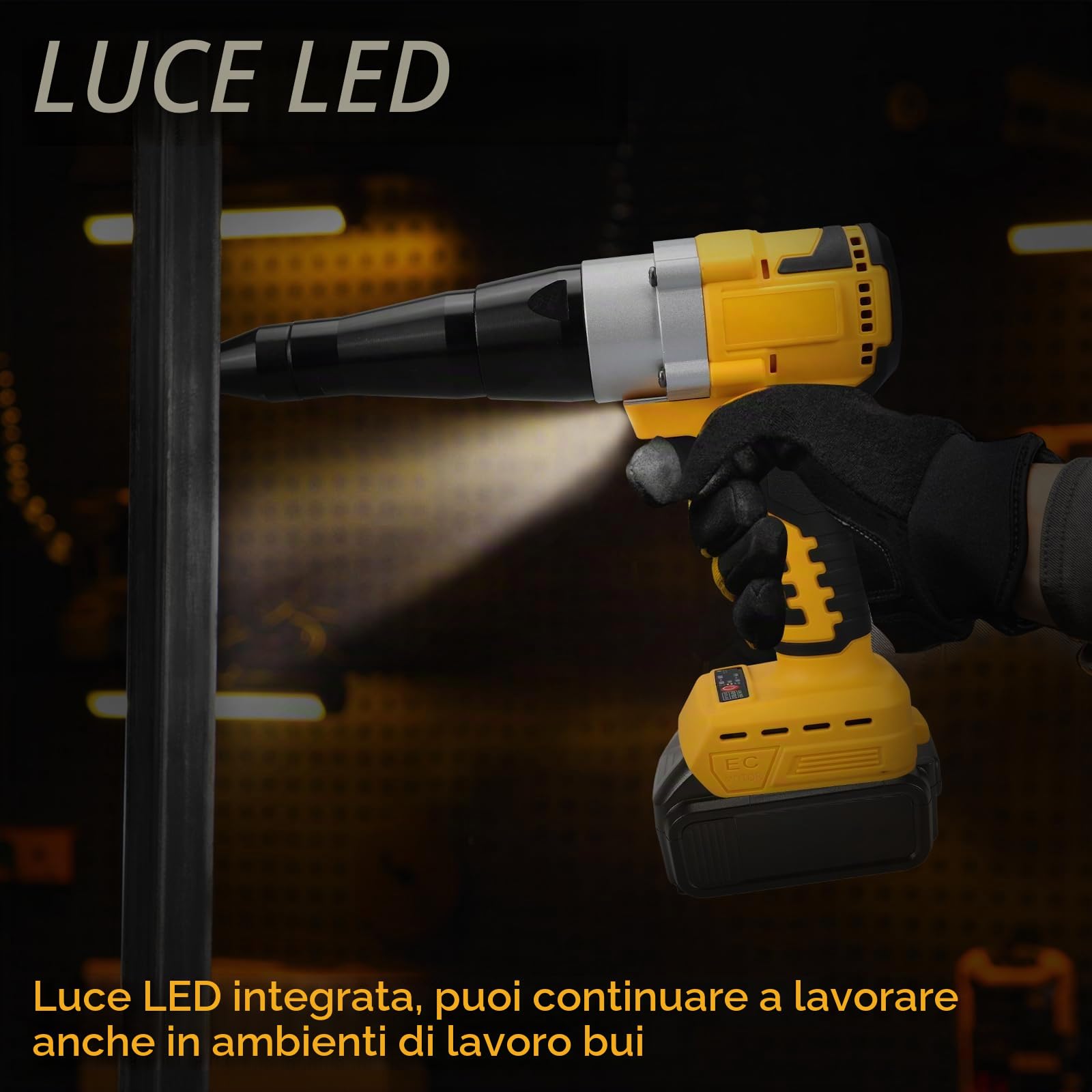 Rivettatrice a batteria con 20 rivetti per Dewalt 20V (senza batteria) | Pistola Rivettatrice Professionale Brushless, Luce LED, 3 Adattatori e Chiave, per Metallo, Plastica e Pelle