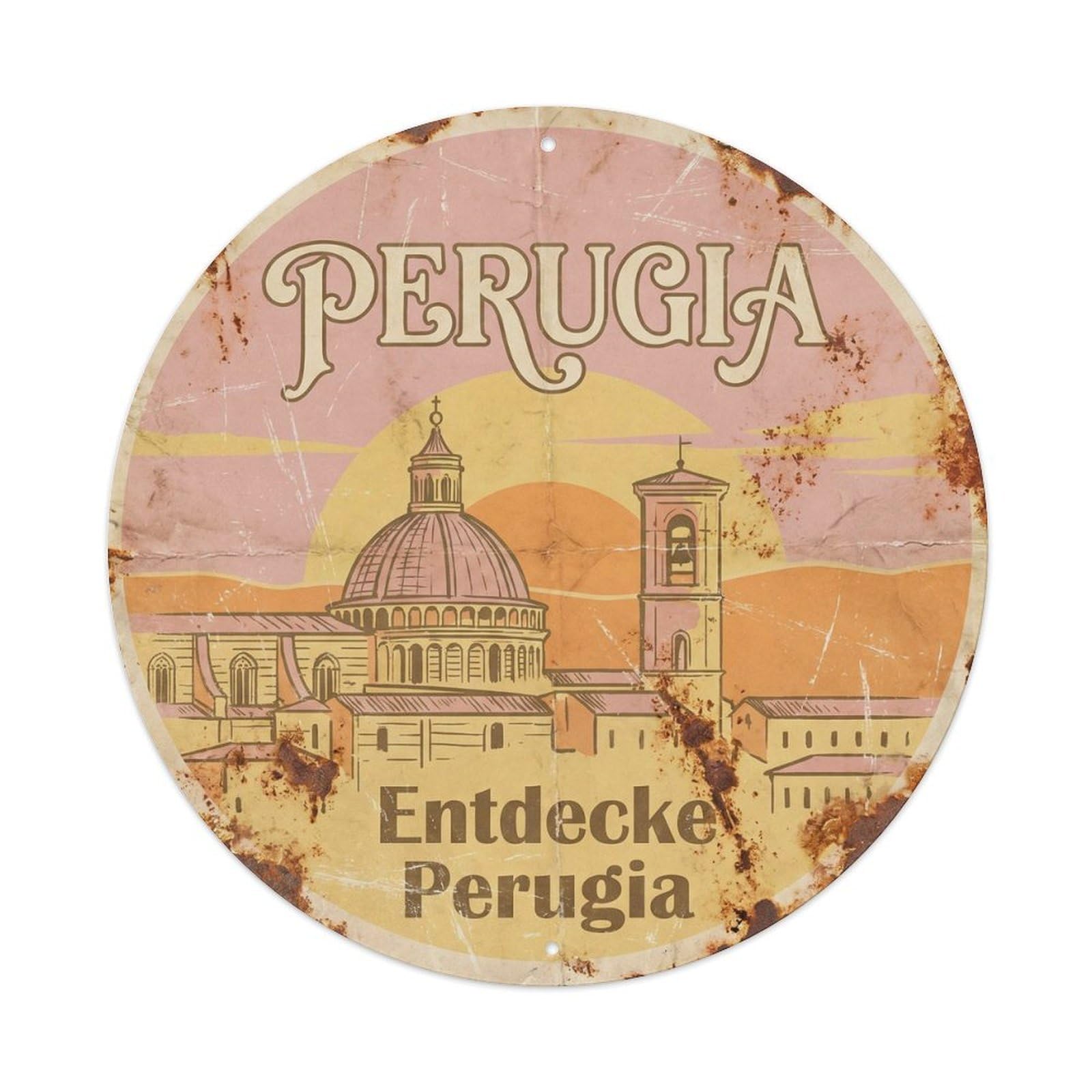 Perugia Landmark Cathedral City Europe Classic Destination Metal Tin Sign Plaque Wall Decor for Cafe, Man Cave, Club Bar, Office, Home Garden Round Metal Poster 8x8Inch