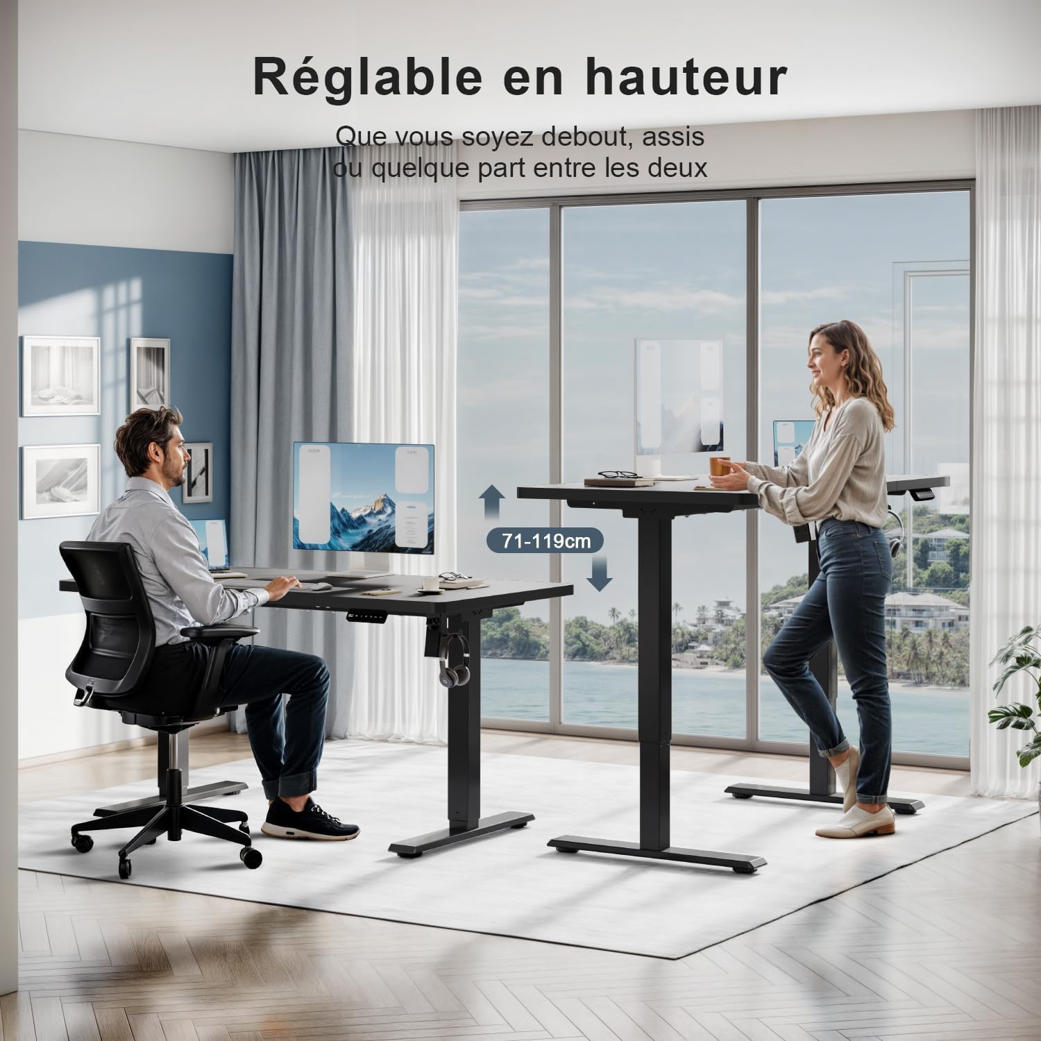 Two individuals using TRIUMPHKEY sit-stand desks, one sitting and one standing, demonstrating the adjustable height range of 71-119 cm.