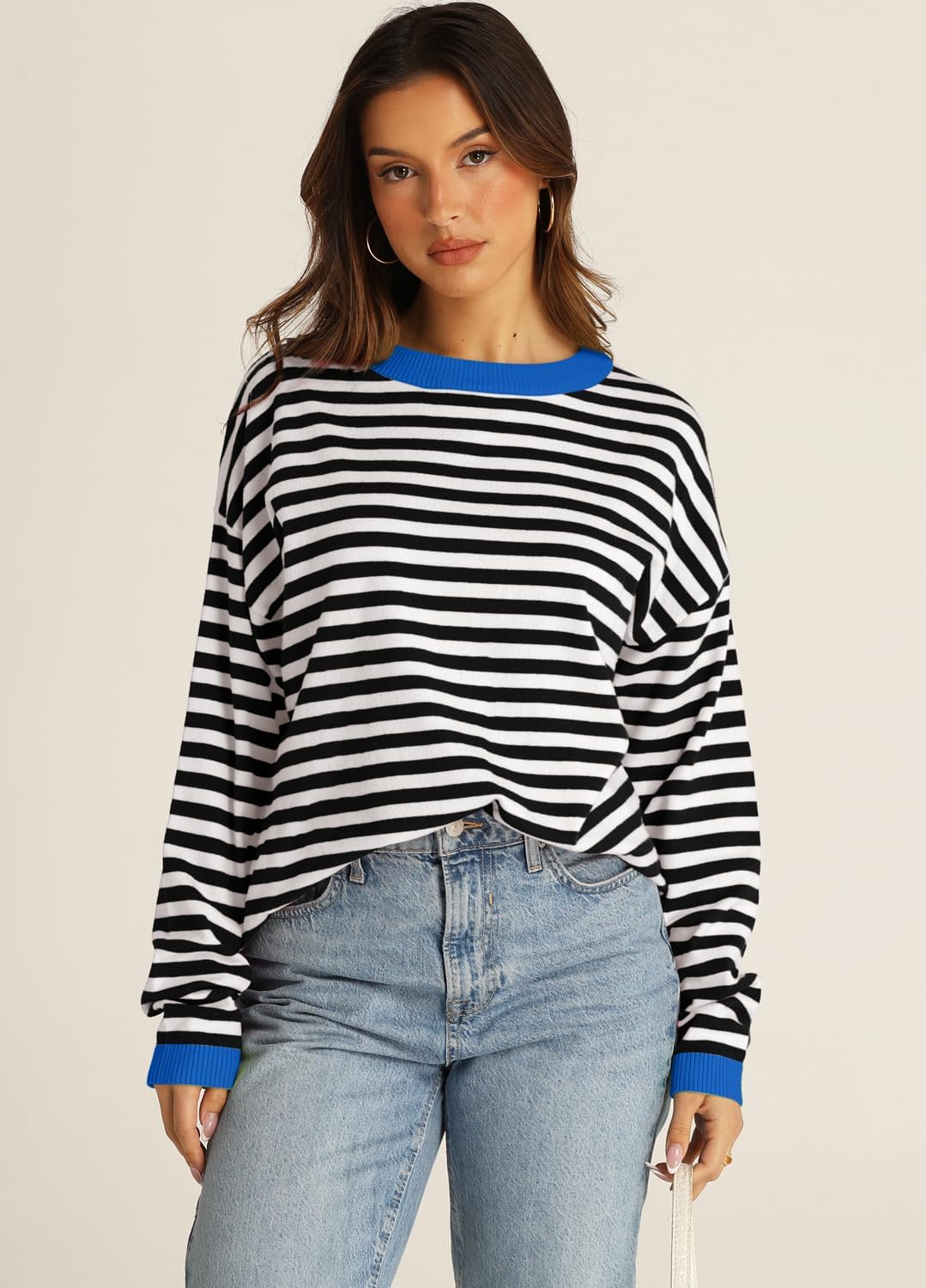 YEXIPO Womens Sweaters Striped 2024 Fall Long Sleeve Crewneck Casual Knit Lightweight Oversized Pullover Sweater Tops - Image 2