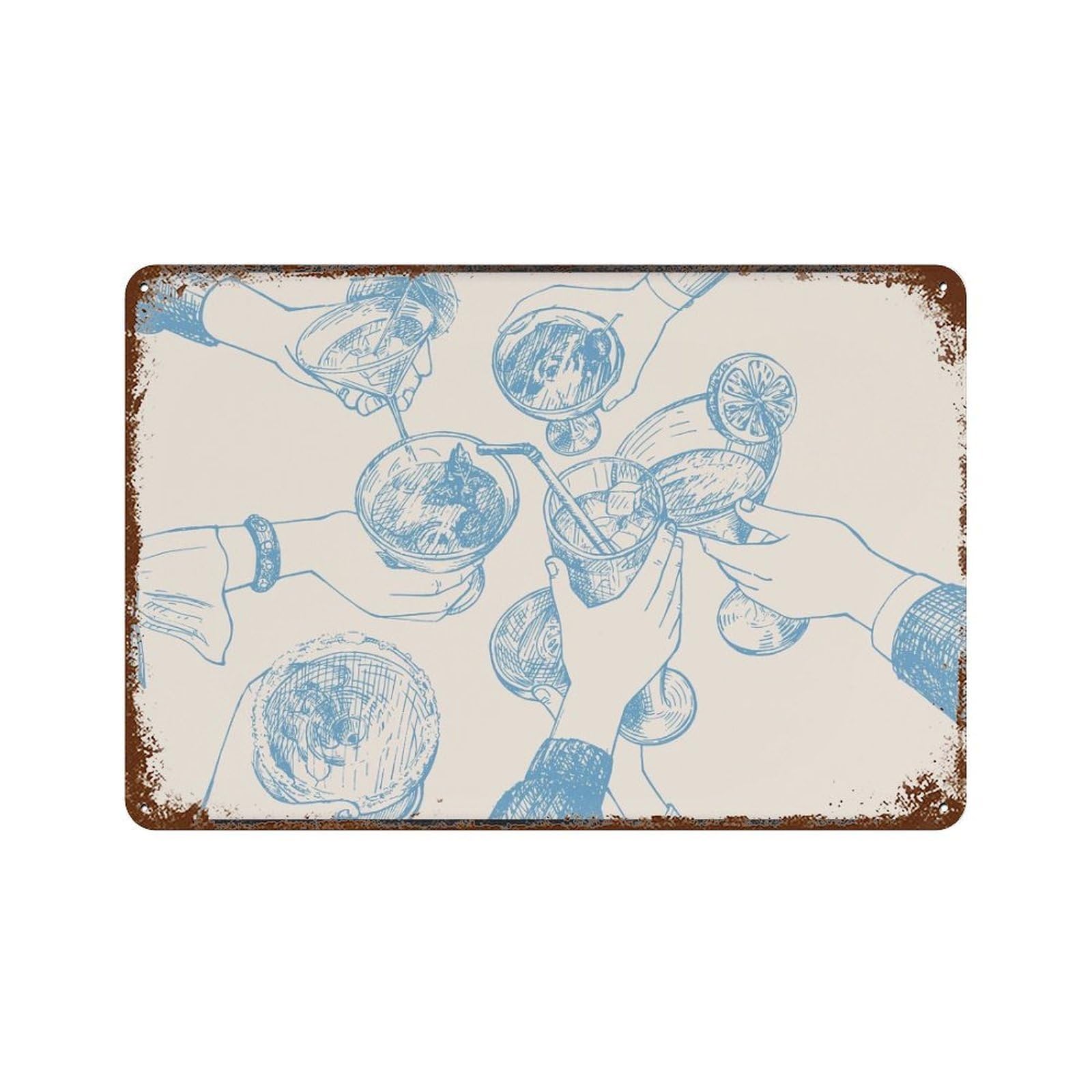 xiaoxiaoshen Retro Cocktail Toast Lines, Blue Sketch-style Drink Wall Decor Art Metal Tin Poster Modern Home Decor Art Home Bar Shop Decorations Vintage Sign 20x30cm