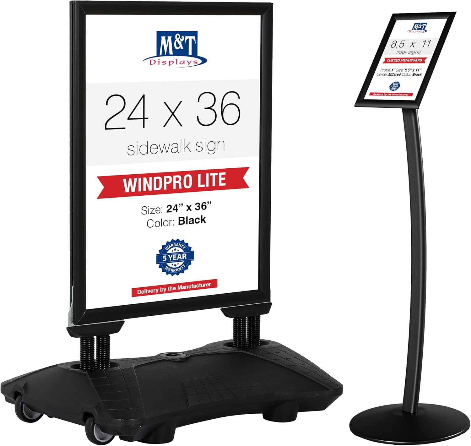 M&T Displays Signage Bundle – 24x36" WindPro Lite Outdoor Sidewalk Sign Holder with Water Base + 8.5x11" Curved Pedestal Menu Board – Weather Resistant, Front Loading, Anti-Glare Covers