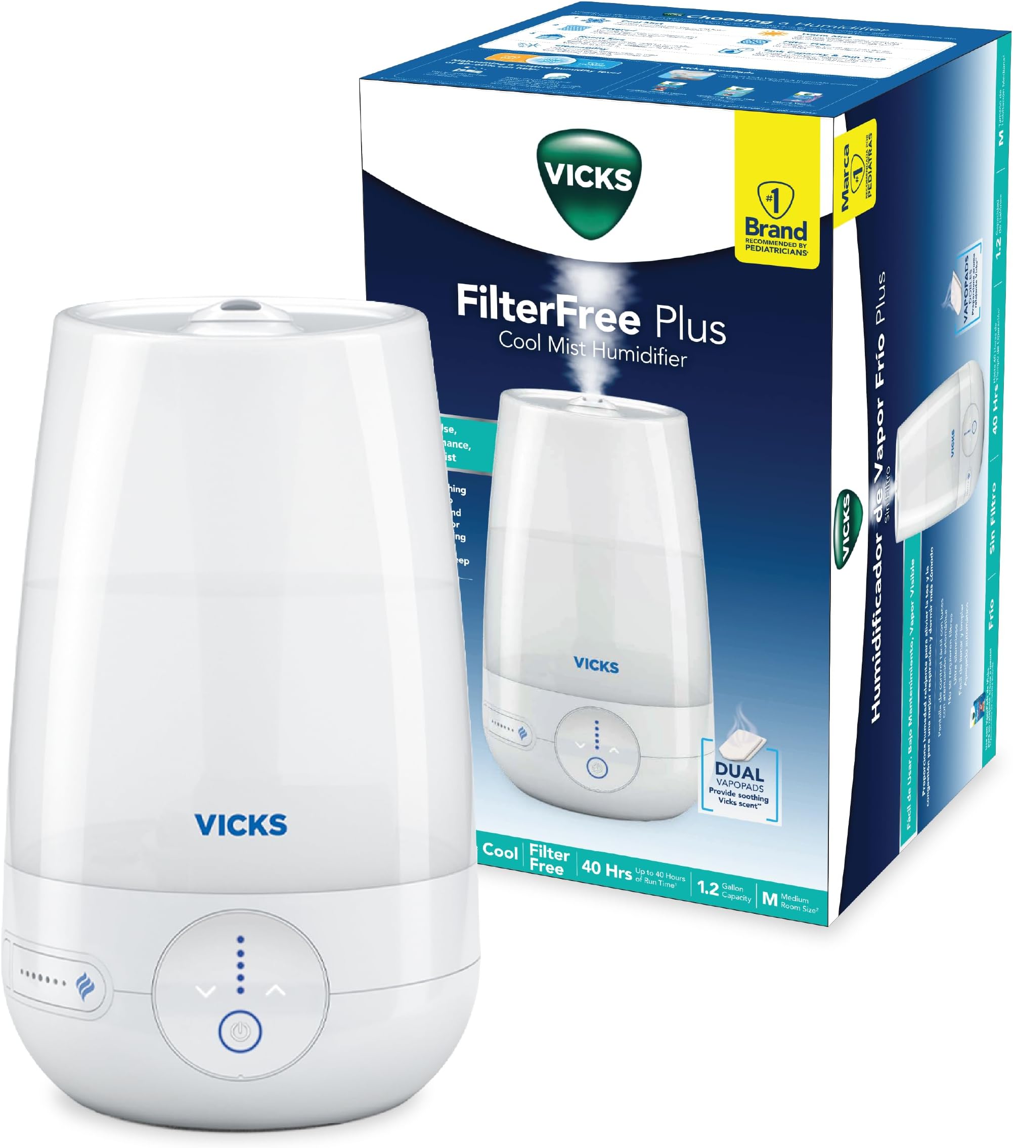 FilterFree Plus Cool Mist Plus Humidifier (VUL565), Medium Room –Filter-Free Cool Mist Humidifier for Baby, Kids and Adult Rooms, Works with Vicks VapoPads